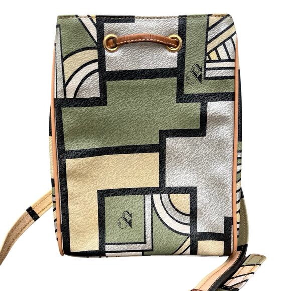 Double Fish 90s Leather Geometric Beige Green Silver Drawstring Shoulder Bag - Picture 11 of 16